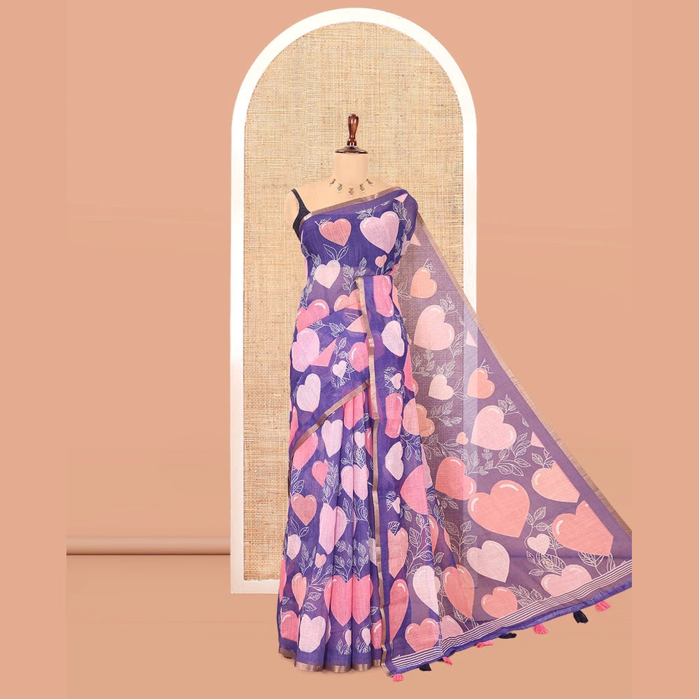 Pothys Borderless Violet Heart Motifs Printed Linen-Cotton Saree, Self-Printed Pallu, and Matching Blouse